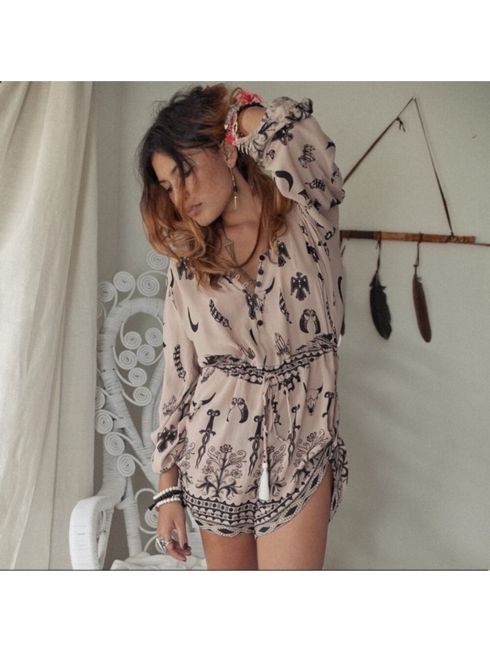 Spell & The Gypsy Tribal Romper Thunderbird Tassel Boho Taupe Brown